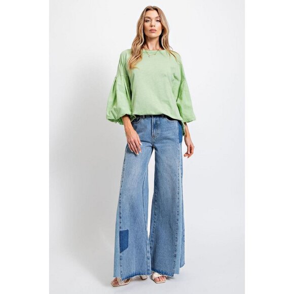 Easel Sage Green Mineral Washed Embroidered Balloon Sleeves Loose Fit Top - Picture 5 of 5